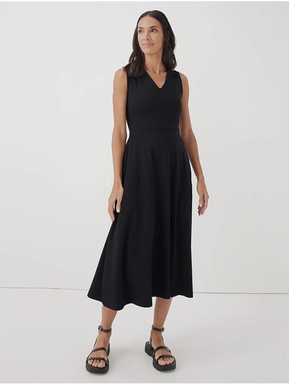Pact Organic Cotton Black Fit & Flare Midi Dress Cutout Back Size L